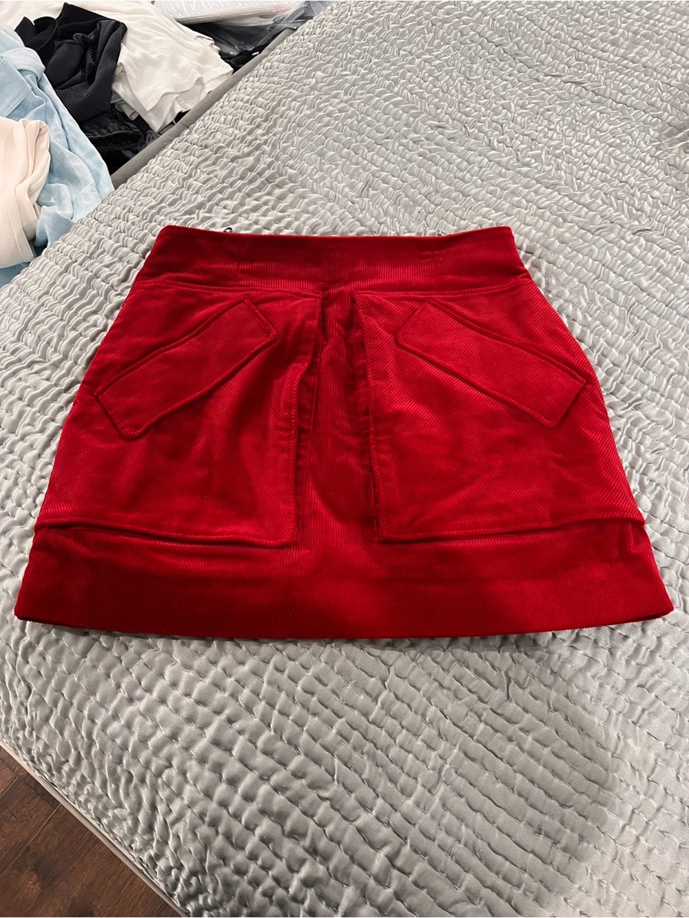 Aknvas Red Corduroy Mini Skirt with Front Patch Pockets